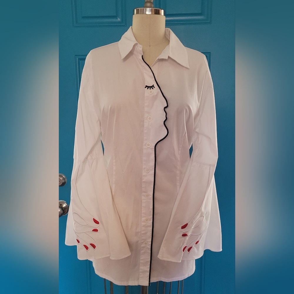 Button-up shirt with lady face and hands.